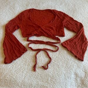 Rust Red Wrap Crop Top with Bell Sleeves